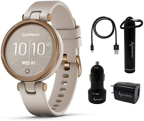 Wearable4U Güç Paketi Paketi ile Garmin Lily kadın Fitness Spor Smartwatch (Hafif Kum Silikon Bantlı Gül Altın Çerçeve)