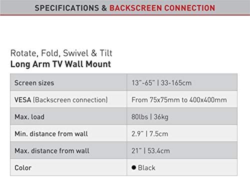Barkan TV Duvar Montajı, 13-65 inç Tam Hareketli Mafsallı-4 Hareketli Uzun Premium Düz / Kavisli Ekran Braketi, 80 lbs'ye kadar,