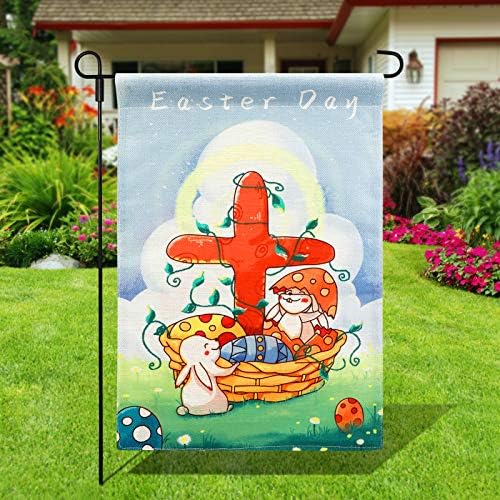 Konsait Paskalya Bahçe Bayrağı, 12x18 inç Çift Taraflı Bahçe Bayrağı, Bunny Paskalya Yumurtaları Sepeti Renkli Tasarım, Paskalya
