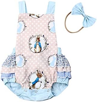 2 Adet Yenidoğan Bebek Kız Paskalya Kıyafetler Toddler Kız Fly Kol Bunny Baskı Yay Bandaj Dantel Romper + Kafa Bandı