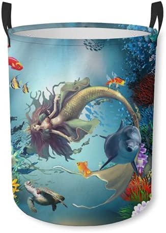 Depolama Sepeti, Mermaid Yunus Goldfish Kaplumbağa Deniz Hayvanları, katlanabilir Büyük Çamaşır Sepeti Kolları ile Ev Ofis
