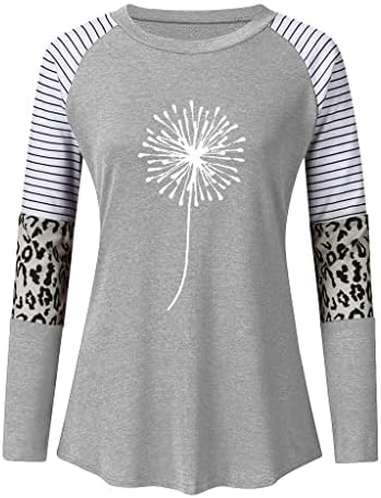 Kadın Karahindiba Baskı Tee Gömlek Casual O-Boyun Leopar Ekleme Baskı Uzun Kollu Üst T-Shirt Bluz Tunik Gömlek