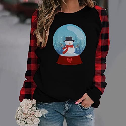 Noel Kadınlar ıçin Uzun Kollu Gömlek Crewneck Tişörtü Tops Ekose Dikiş Noel Kardan Adam Baskı Artı Boyutu Kazak