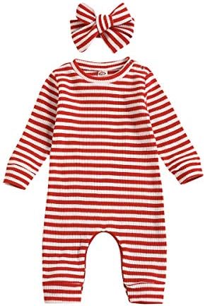 Bowanadacles Bebek Erkek Kız Çizgili Romper Nervürlü Ekip Boyun Bebek Sonbahar Kış Rahat Pijama Giyim ıle Kafa Bandı