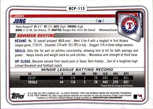 2020 Bowman Krom Umutları BCP-113 Josh Jung RC Çaylak Texas Rangers MLB Beyzbol Ticaret Kartı