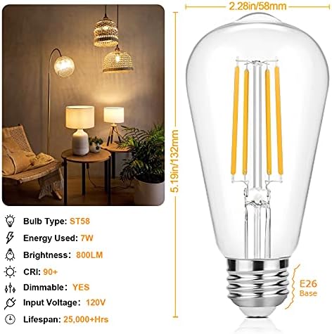 Vintage LED Edison Ampuller 60 Watt Eşdeğer Dim 7 W ST58 LED Filament Ampuller Sıcak Beyaz 3000 K Antik Stil Aydınlatma Yüksek