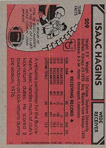 1980 Topps 209 Isaac Hagins Tampa Bay Buccaneers NFL Futbol Kartı EX Mükemmel