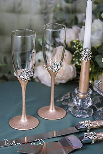 Gül Altın Düğün Seti-Gümüş Kristal Düğün Şampanya Bardakları-Düğün Birlik Mum Seti-Gül Altın Düğün Pastası Sunucusu ve Bıçağı