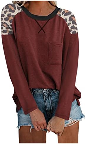 Artı Boyutu Üstleri Kadın Leopar Baskılı Uzun Kollu Üst Crewneck Renk Blok Tunik T Shirt Bluz
