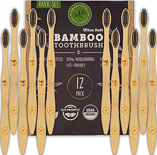 Kömür Bambu Diş Fırçaları (12 Paket) - Doğal Ekstra Yumuşak Kıllar | Biyobozunur Toplu Diş Fırçası Seti | Yetişkinler ve Çocuklar