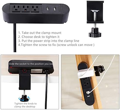 USB Portlu Masa Kelepçesi Güç Şeridi, Masaüstü Montajlı Güç Şeridi,6Ft Uzatma Kablosu Ev, Ofis için Masa Kenarı Çıkarılabilir