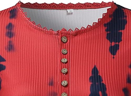 Bayan Henley V Boyun T-Shirt Uzun Kollu Dantel Düğme Aşağı Bluz Nervürlü Slim-Fit Üst Nervürlü Tunik Üst