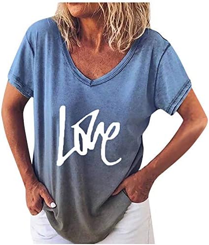 Degrade Renk Aşk Mektubu Baskı Bluz Ombre Temel Üstleri V Yaka Kısa Kollu Tunik yazlık t Shirt Tees Gömlek Kadınlar ıçin