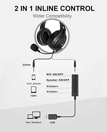 USB Kulaklık/Mikrofonlu 3.5 mm Bilgisayar Kulaklığı Gürültü Önleme, Esnek Kulak Üstü Kulaklıklar ve Dönebilen Bom Mikrofon,