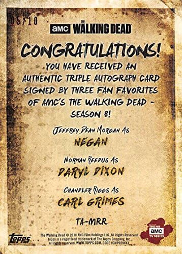 2018 Topps Walking Dead Sezon 8 Bölüm 1 Üçlü İmzalar NNO Jeffrey Dean Morgan/Norman Reedus/Chandler Riggs Otomatik Aut Ticaret