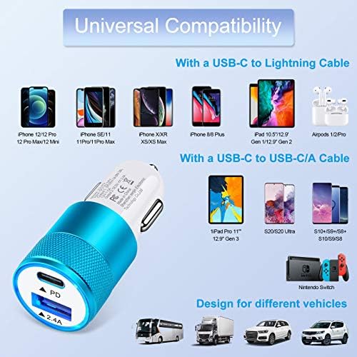 USB C Araç Şarj, 30 W Hızlı USB Araç Şarj PD&2.4 A Çift Bağlantı Araç Adaptörü için iPhone 13/12 Pro/Max/Mini 11/Pro / Max/XR