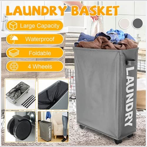 HongZhanZao çamaşır sepeti 42L Kolları ve Tekerlekler ile Ultra-İnce Küçük Taşınabilir Katlanabilir çamaşır sepeti Kirli Çamaşır