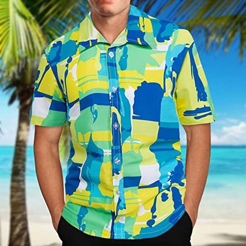 Renkli Tatil Gömlek Erkekler için Renk Eşleştirme Kısa Kollu Rahat Fit Yaz Hawaiian Casual Düğme-Aşağı Gömlek
